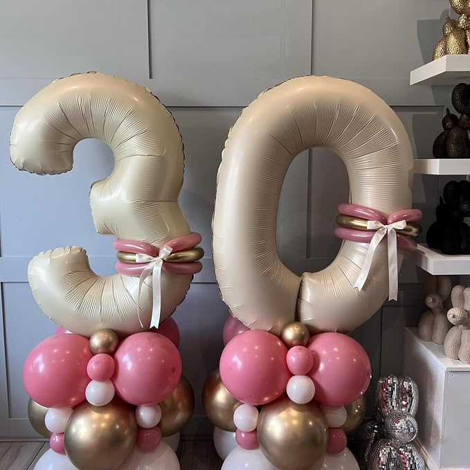 40 Inch Large Cream Numbers Balloons 0-9, Self Inflating White Sand Foil Number - Image 6