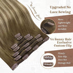 Ve Sunny Balayage Clip in Hair Extensions Real Human Hair Double Weft Remy Hair Clip in Human Hair Extensions Walnut Brown Ombre Light Brown with Blonde 18inch 120g 7pcs
