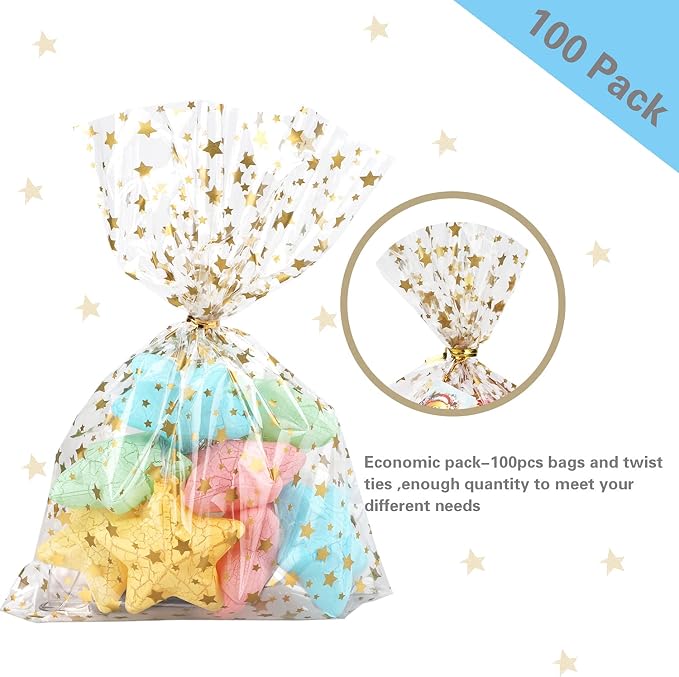 100 Pcs Star Printed 5"X 7" Gift Wrap Cello Cellophane Treat Bags Party Favor - Image 3