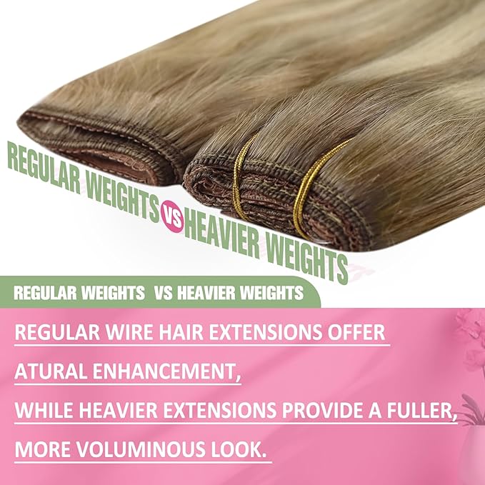 YoungSee Wire Hair Extensions Real Human Hair Brown Blonde Hair Extensions Wire Light Brown with Platinum Blonde One Piece Hair Extension Dyable Remy Hair 16Inch 80G