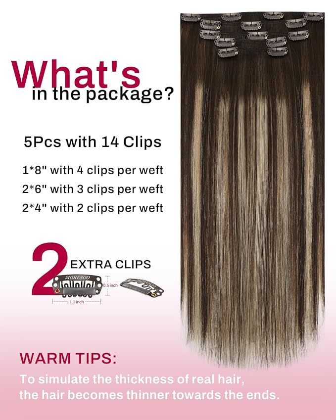 Moresoo 12 inch Real Human Hair Clip in Extensions Dark Brown to Caramel Blonde Balayage Clip in Hair Extensions Brown to Blonde Short Remy 80g/5pcs 12in
