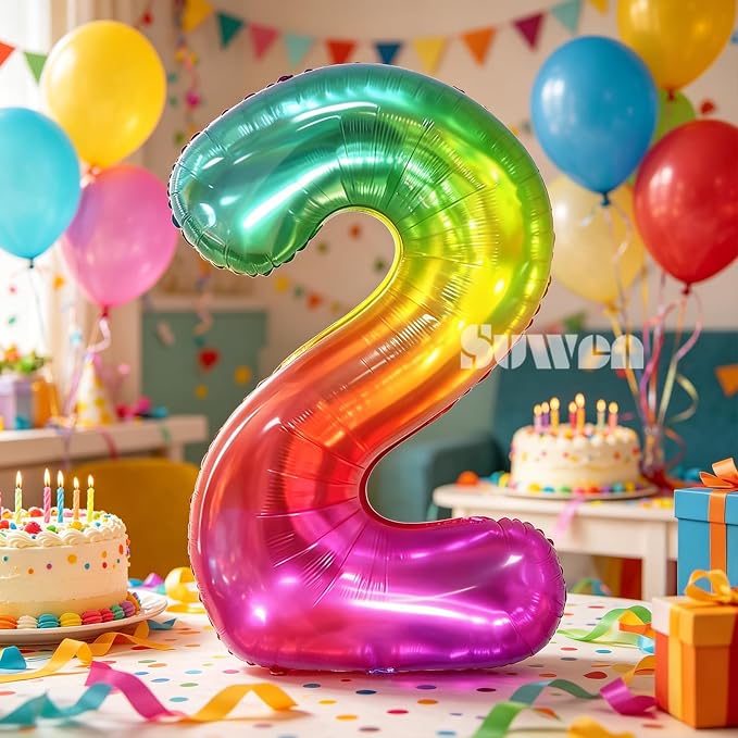 SUWEN Rainbow Number 2 Balloon 40 Inch, Big Colorful Balloons 0-9 | Large - Image 3