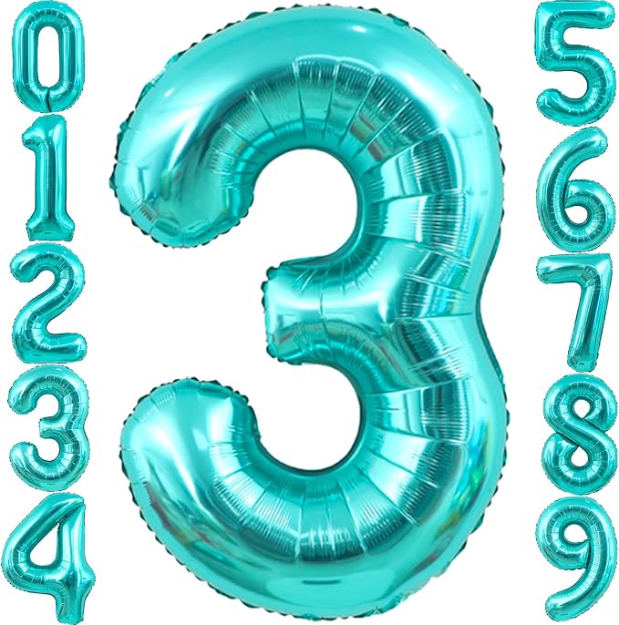 40 Inch Big Teal Blue Number 3 Foil 0-9 Mylar Helium Balloons | Large Digital by SULALABOO