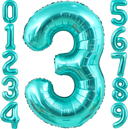 40 Inch Big Teal Blue Number 3 Foil 0-9 Mylar Helium Balloons | Large Digital by SULALABOO
