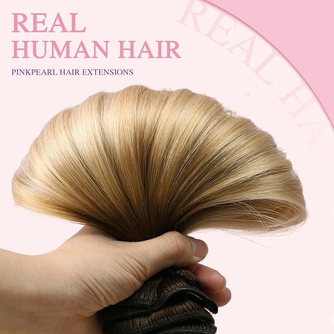 PINKPEARL Clip in Hair Extensions Real Human Hair, Remy Human Hair Extensions Clip ins, 14inch 120g 7Pcs, #4/27/60 Balayage Chocolate Brown to Caramel Blonde and Platinum Blonde(#4/27/60-14)