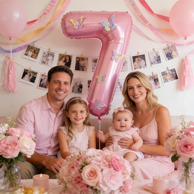 40 Inch Number Balloon Pink Large Mylar Foil Pink Number Balloons and Butterfly - Image 7