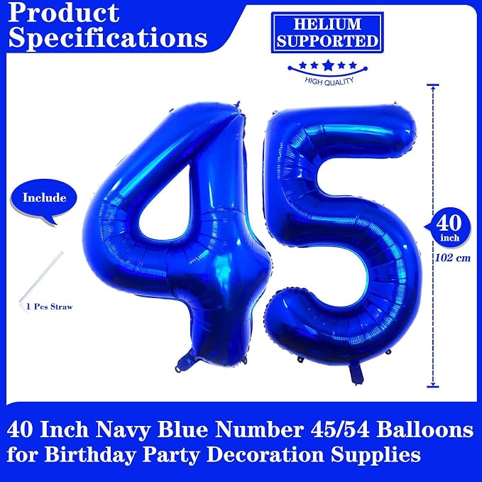 Navy Blue 45 Number Balloons, 40 Inch Giant Number 45 Balloons Foil Mylar - Image 2