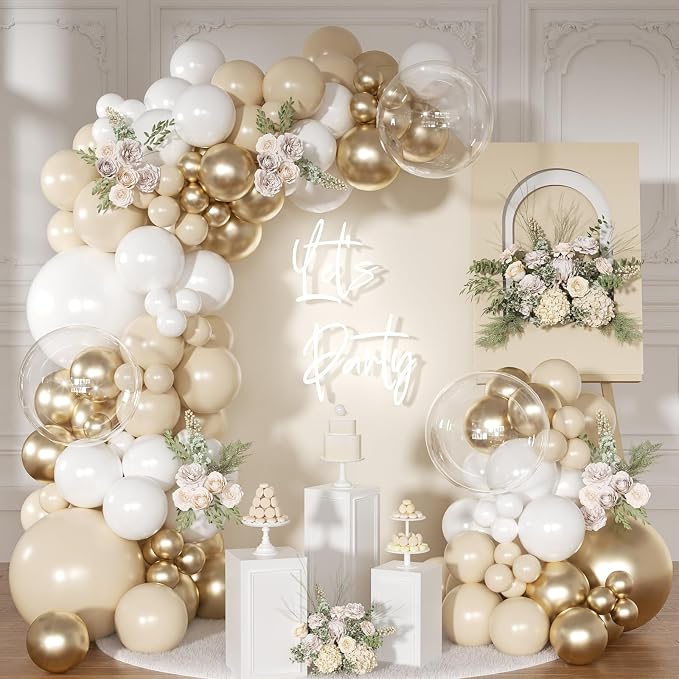 White and Gold Balloon Garland Arch Kit Sand White Balloons | Metallic Gold by NUTTYBASH