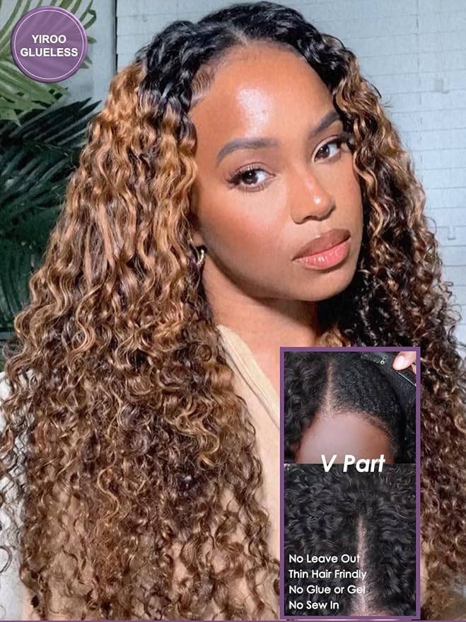 YIROO EasiContour V Part Wigs Ombre Brown Glueless Human Hair Upgrade U Part Wig with Dark Roots Highlight V Shape Clip Wigs Beginner Friendly with Drawstring Ready to Wear Chestnut Brown Color 16Inch