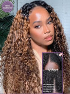 YIROO EasiContour V Part Wigs Ombre Brown Glueless Human Hair Upgrade U Part Wig with Dark Roots Highlight V Shape Clip Wigs Beginner Friendly with Drawstring Ready to Wear Chestnut Brown Color 18Inch