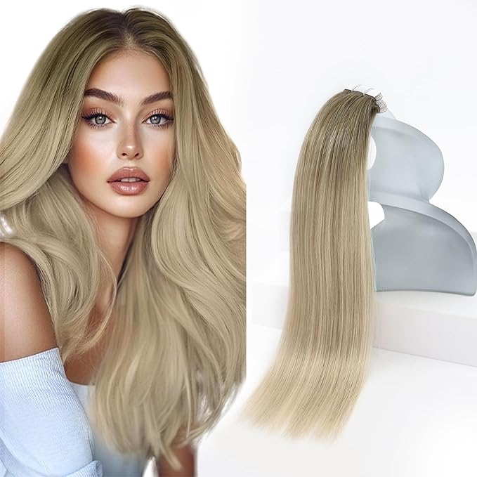 Sunny Hair Tape in Hair Extensions Real Human Hair Invisible Remy Hair Extensions Tape ins for Women Ash Blonde Root to Platinum Blonde Balayage 18 inch 20Pcs 50G