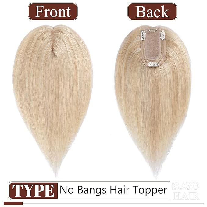 SEGO Real Human Hair Topper for Women without Bangs, Hair Topper with Anti-Slip Clips (16 Inches Ash Blonde Mix Bleach Blonde)