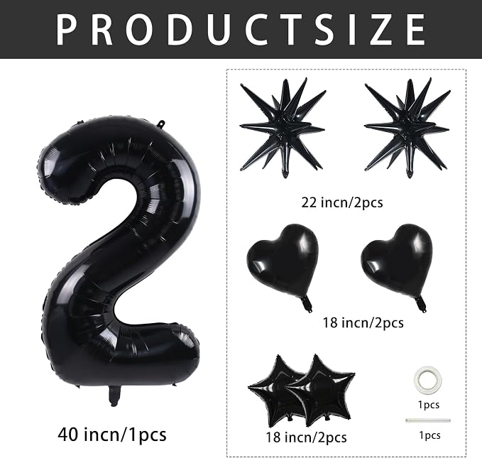 TONIFUL 2nd Birthday Balloons Kit 40 Inch Black Large Number 2 Foil Balloon | - Image 2