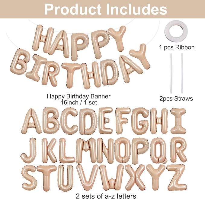 TONIFUL 65 Pcs 16 Inch Caramel Happy Birthday Balloons and 2 Sets A-Z Foil - Image 2