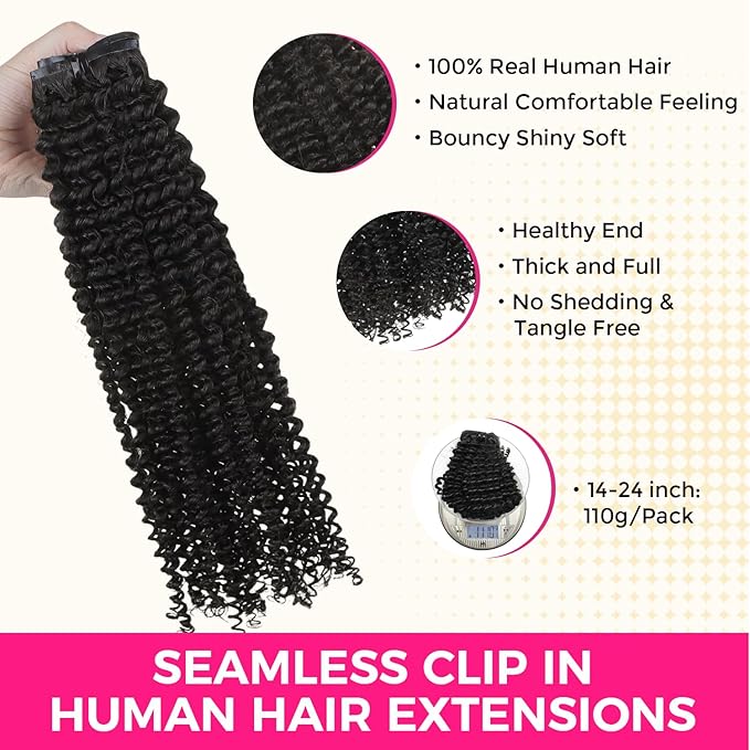 Lashey Seamless Clip in Hair Extensions Human Hair 110g 7pcs Kinky Curly Clip in Hair Extensions Real Human Hair with Soft PU Skin Weft for Women 22 Inch Natural Black
