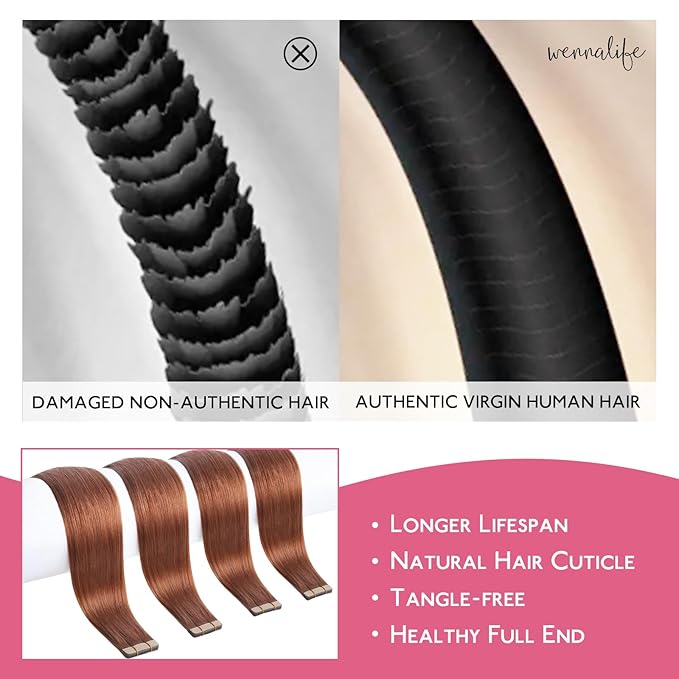 WENNALIFE Tape in Hair Extensions Human Hair Dark Auburn Copper Tape in Extensions, 10pcs 25g 18 inch Remy Invisible Tape Ins Straight Colored Soft Real Human Hair Tape in Extensions Refill Set Extens