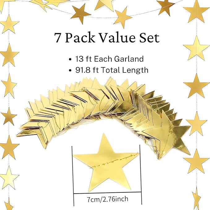 7 Pack 91.8 ft Gold Star Garland Banner Double Side Hanging Star Streamers - Image 2