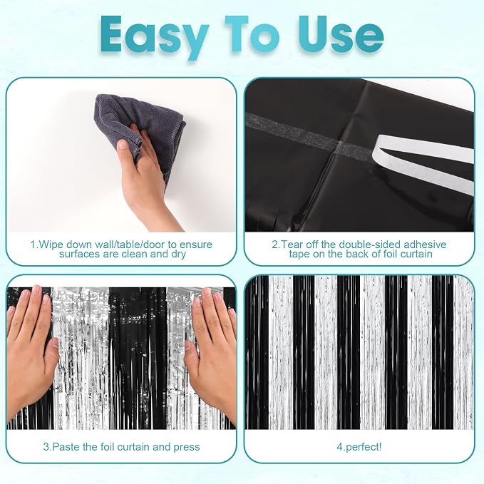 Voircoloria Black Silver Foil Fringe Backdrop Curtains, 2 Pack | Tinsel - Image 4