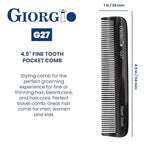 Giorgio G27 Handmade All Fine Tooth Pocket Comb, Hair Comb Straightener for Everyday Grooming Styling Hair, Mustache and Beard for Men Women and Kids, Saw Cut and Polished (Black Graphite)