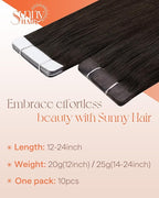 Sunny Hair Tape in Hair Extensions Real Human Hair Invisible Remy Hair Extensions Tape ins for Women Darkest Brown 18 inch 25G