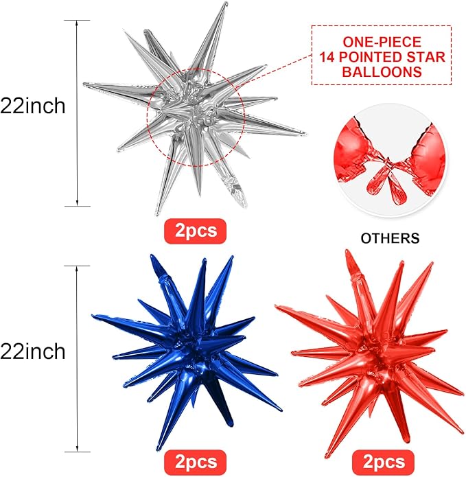 HILAVO 6PCS Star Balloons, 22Inch Huge Red Blue White Star Balloons Spike Cone - Image 2