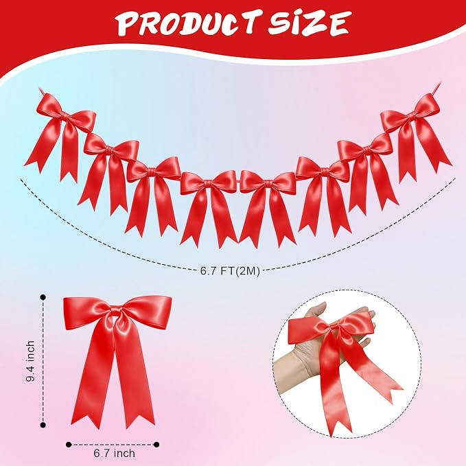 1 String of 8PCS Red Bow Garland Banner Decoration, Pre-Strung Satin Ribbon - Image 2