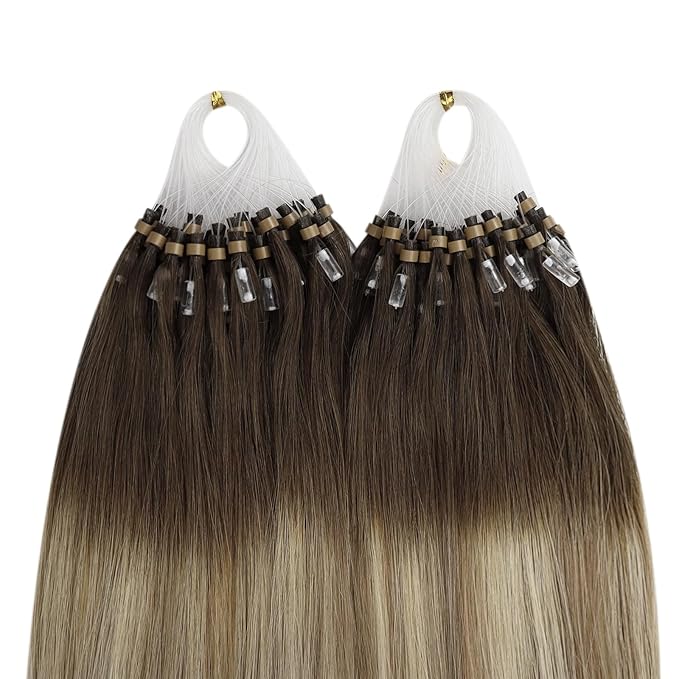 YoungSee Micro Beads Hair Extensions Balayage Micro Loop Hair Extensions Real Human Hair Dark Brown Ombre Brown with Blonde Micro Hair Extension 22In Bead Hair Extension Soft for Wedding 50s/50g