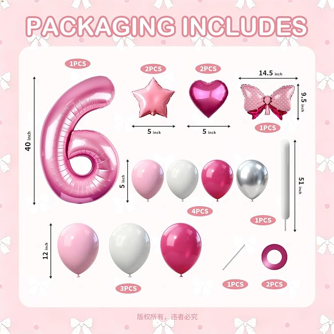 40 Inch Pink Number 6 Balloon Tower Set, Pastel Number Six Foil Balloon - Image 2