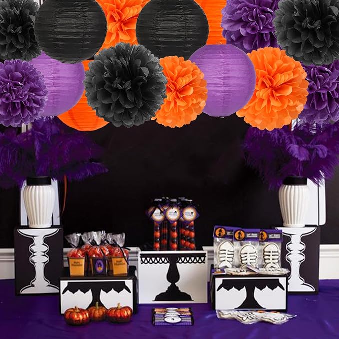 Purple-Orange Black Party-Decorations Paper-Flowers Lanterns - Image 4