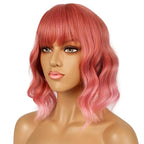 Short Bob Wigs with Bangs for Women Loose Wavy Wig Curly Wavy Shoulder Length Bob Synthetic Cosplay Wig for Girl Colorful Costume Wigs (Dark Pastel Pink)