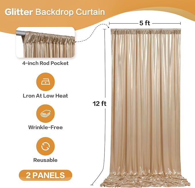 gogoparti 10x12FT Champagne Sequin Backdrop Curtain-2 Panels of 5x12FT - Image 6