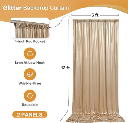 gogoparti 10x12FT Champagne Sequin Backdrop Curtain-2 Panels of 5x12FT - Image 6