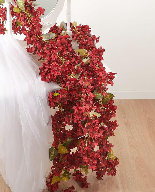 Artificial Flower Garland 2pcs 5.6ft Floral Hydrangea Vine Decor Red Flower | by PONKING