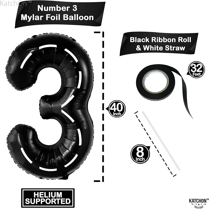 KatchOn Black Number 3 Balloon 40 Inch, 3rd Birthday Decorations - Image 2