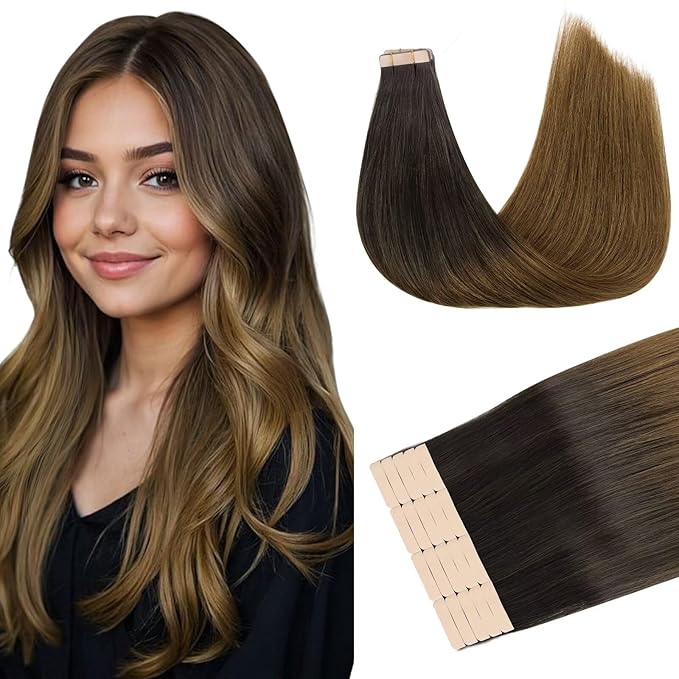DOORES Tape in Hair Extensions Human Hair, Chocolate Dip Color Melt 12 Inch 40g 20pcs, Human Hair Extensions Natural Hair Extensions Seamless Straight