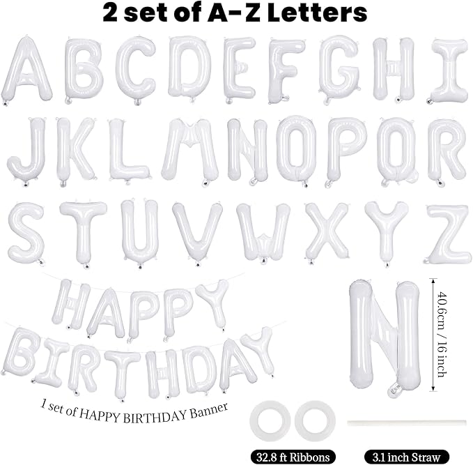 65 Pcs White Happy Birthday Balloons, 2 Sets A-Z White Letters Foil Balloons - Image 2