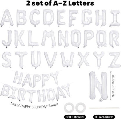 65 Pcs White Happy Birthday Balloons, 2 Sets A-Z White Letters Foil Balloons - Image 2