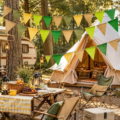 G2PLUS Pre-Strung Burlap Pennant Banner, 65Ft Sage Green and Yellow Triangle - Image 4