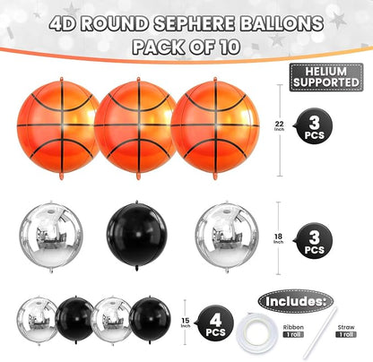 Basketball Round Foil Balloons, Basketball Black Silver Foil Baloon - Image 2