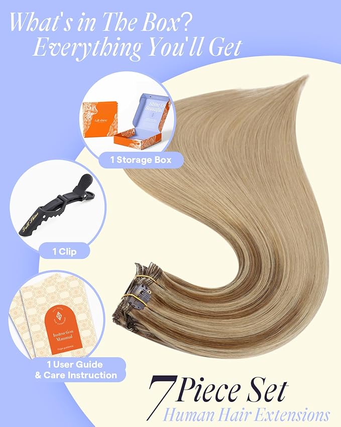 Full Shine Blonde Balayage Hair Extensions Real Human Hair Clip ins 16 Inch Golden Blonde Highlight Dirty Blonde Clip in Real Hair Extensions 7 Pcs 135 G