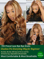 KLAIYI Bye Bye Knots Glueless Wig Highlight Blonde Body Wave Pre Cut 7x5HD Lace Front Wigs Human Hair Pre Plucked Pre Bleached Pre Everything Wear and Go Wig 12A Ombre Brown 30S Ready To Wear 28Inch