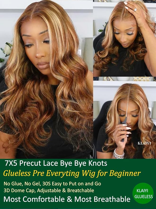 KLAIYI Bye Bye Knots Glueless Wig Highlight Blonde Body Wave Pre Cut 7x5 HD Lace Front Wigs Human Hair Pre Plucked Pre Bleached Pre Everything Wear and Go Wig 12A Ombre Brown 30S Ready To Wear 26Inch