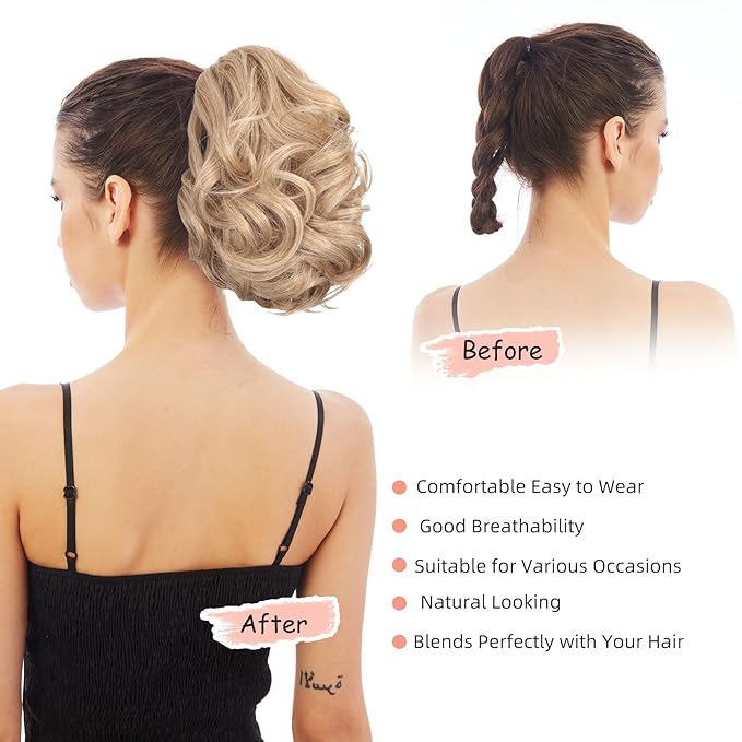 Ponytail Extension, Clip on Ponytails for Women, 9" Claw Clip in Short Curly Wavy Pony Hair Extension for Women - Blonde