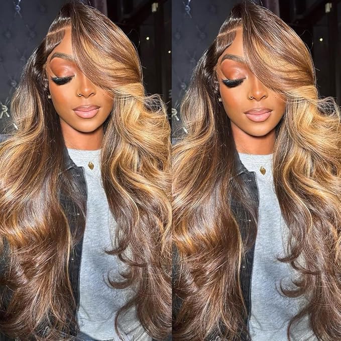 Highlight Ombre Lace Front Wig Human Hair Body Wave 180% Density Frontal Wigs Human Hair 13x6 HD Lace 24 Inch Colored Human Hair Wigs for Black Women Pre Plucked with Baby Hair Glueless Wigs