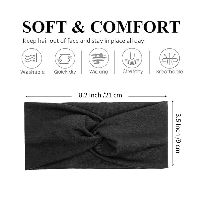 Tobeffect Black Headbands for Women Non Slip Turban Headband Boho Elastic Head Band Hair Accessories (Black Grace)