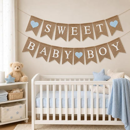 Sweet Baby Boy Burlap Banner for Baby Shower Decorations and Gender Reveal Party - Image 4