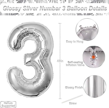Silver Number 3 Balloon 40 Inch, Chic Silver Foil - Image 4
