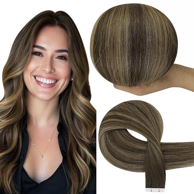 Full Shine Invisible Tape in Hair Extensions Human Hair Color 4/24/4 Medium Brown Fading to Blonde Highlight Double Sided Extensions Insert Virgin Tape in Extensions 25Grams 10Pcs 22Inch Daily Wear