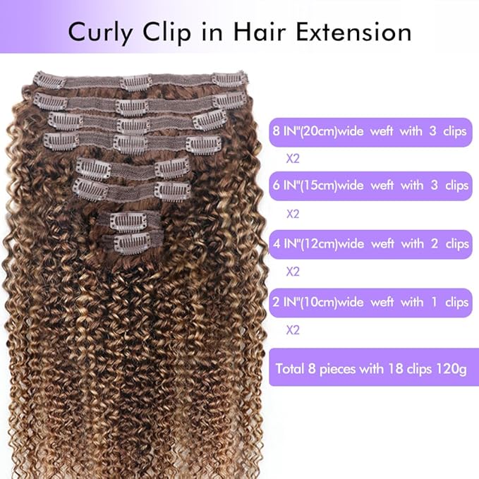 Curly Clip In Hair Extensions Real Human Hair Clip Ins Balayage Chocolate Brown to Caramel Blonde Human Hair Extensions 8Pcs with18clips 120g/Set (14 inch，#4/27/4)