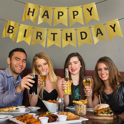 Gold Happy Birthday Banner, Pre-Strung Gold and Black Birthday Party Decorations - Image 4